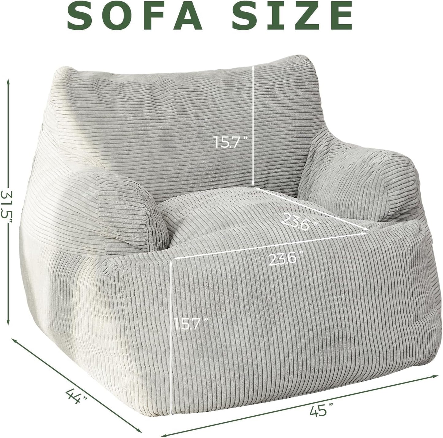 HIGOGOGO Giant Bean Bag Chair Sofa, Big Comfy Chair for Bedroom Living Room, Large Bean Bag Lazy Chair for Adults with Pocket Armrests for Gaming, Reading, Grey