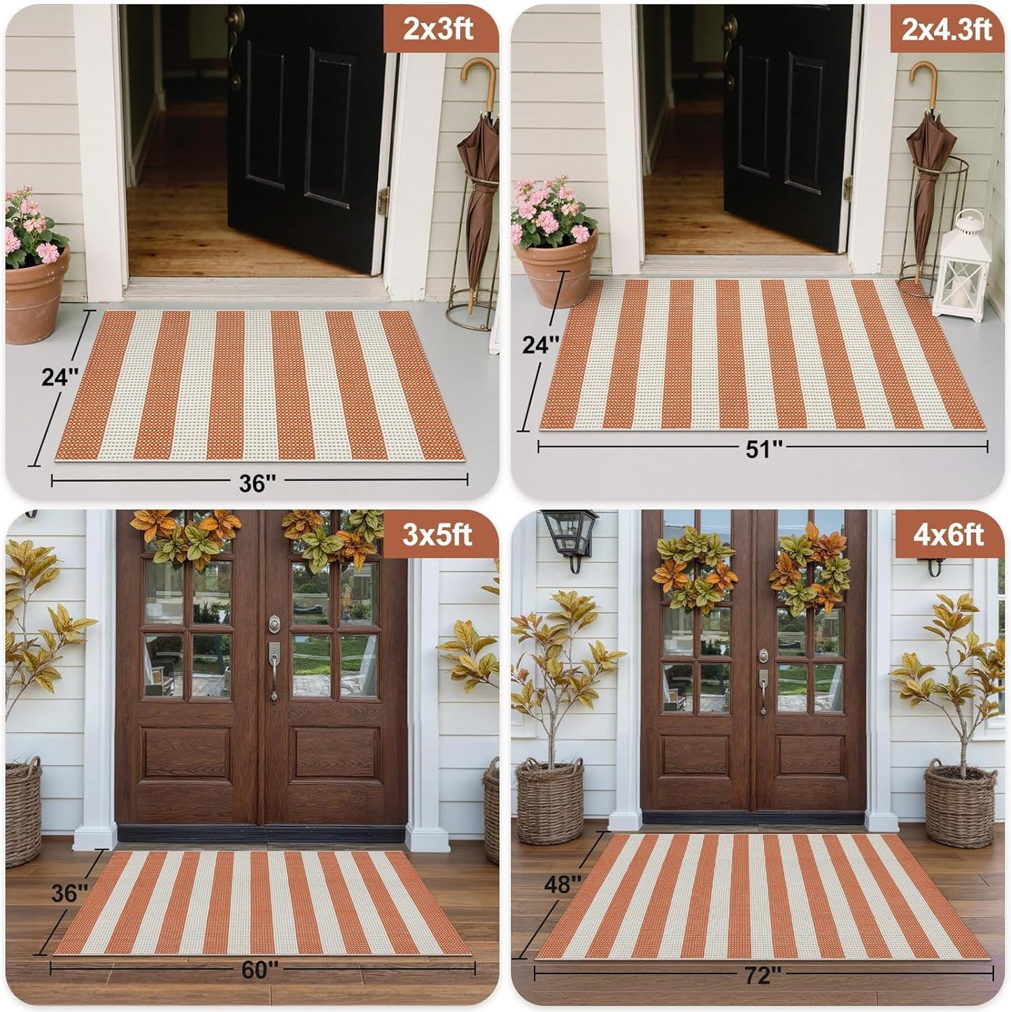 OJIA Fall Front Door Rug 24"x51" Halloween Doormat Striped Rug Cotton Woven Checkered Carpet Washable Front Door Mat Outdoor Small Area Rug for Porch Kitchen Entryway Patio Bathroom (Orange/White/Tan)