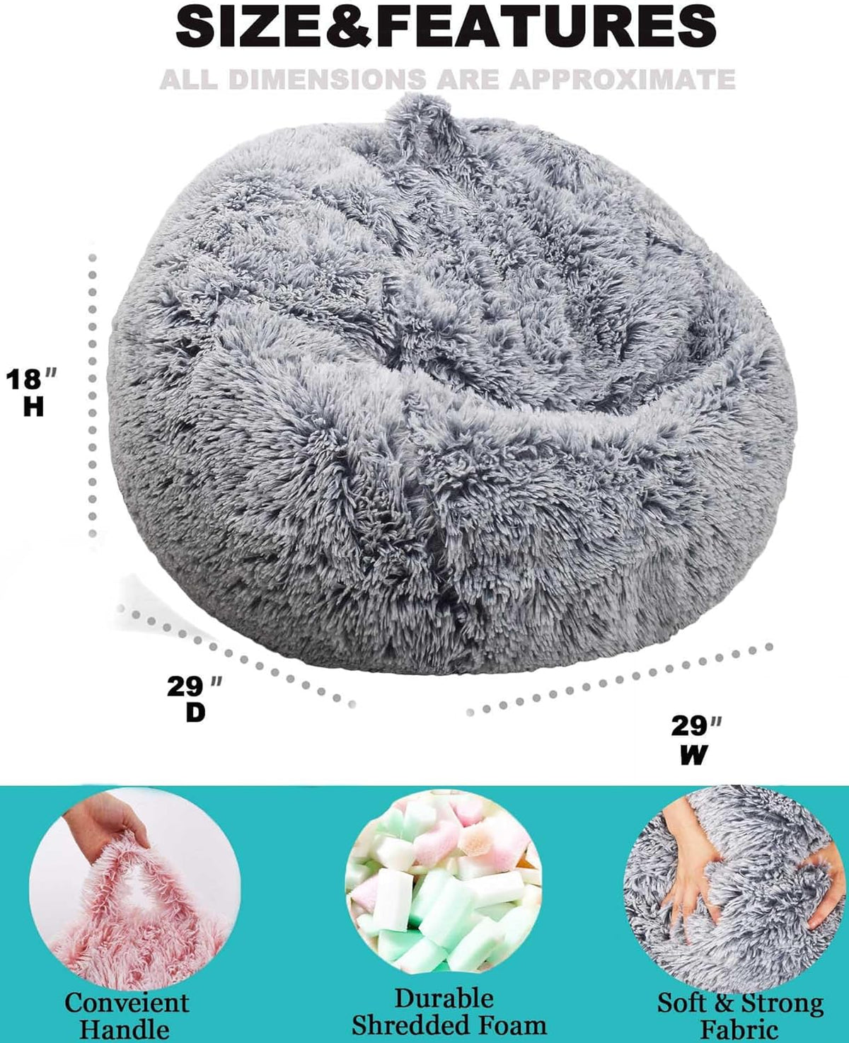 Fluffy Bean Bag Chair for Kids, 2.5FT Round Memory Foam Filled Bean Bag for Teens & Kids, Ultra Soft Faux Fur Fabric Bean Bag Chairs for Playroom, Living Room, Bedroom, Gray