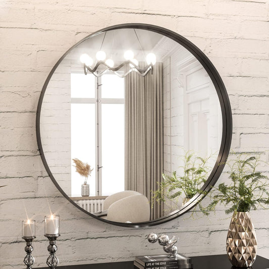 TokeShimi Round Black Mirror 24 Inch for Wall Decor Black Circle Bathroom Mirror with Non-Rusting Aluminum Alloy Brushed Matte Metal Frame for Modern Minimalist Farmhouse Home Decor