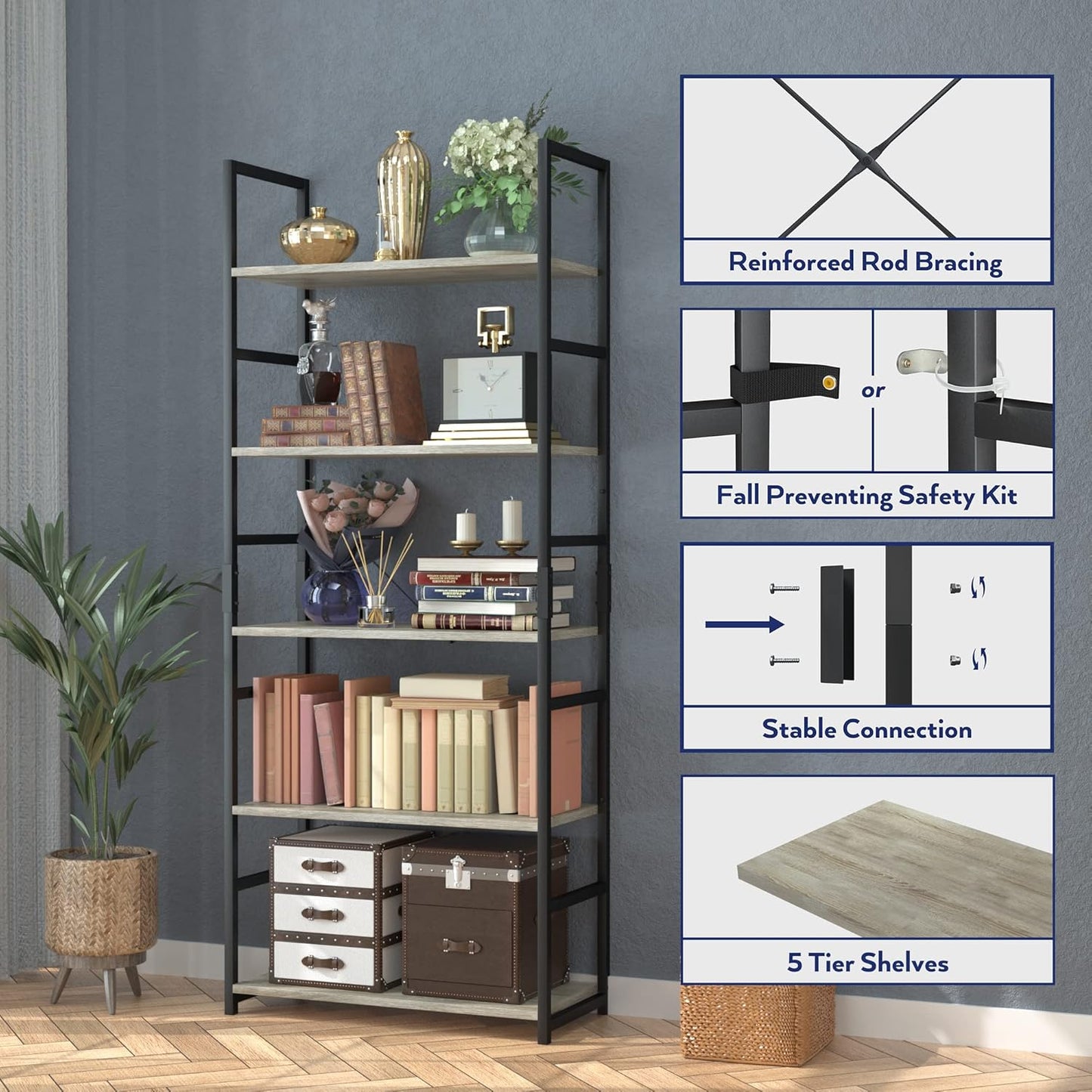 NUMENN 5 Tier Bookshelf, Tall Bookcase Shelf Storage Organizer, Modern Book Shelf for Bedroom, Living Room and Home Office, Grey