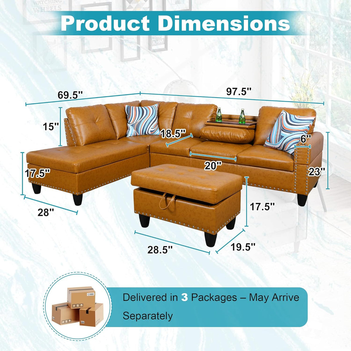 97.5" Oversized Sectional Couch, L Shaped Couch with Storage Ottoman, Modern Modular Sofa with Deep Seat, Sectional Couches for Living Room and Office, Ginger (PU Leather)