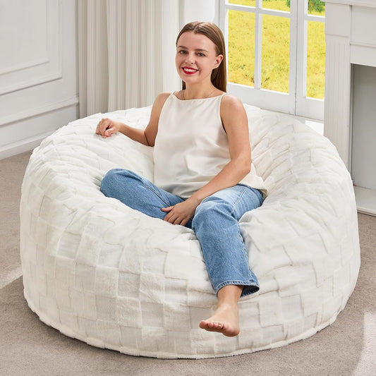 Hobestluk Bean Bag Chairs Beanbag Chair with Filler Adult Bean Bags with Fluffy Plaid Cover, Giant Bean Bag Chairs for Adults for Living Room, Bedroom (White, 3FT - 36” x 36” x 22”)