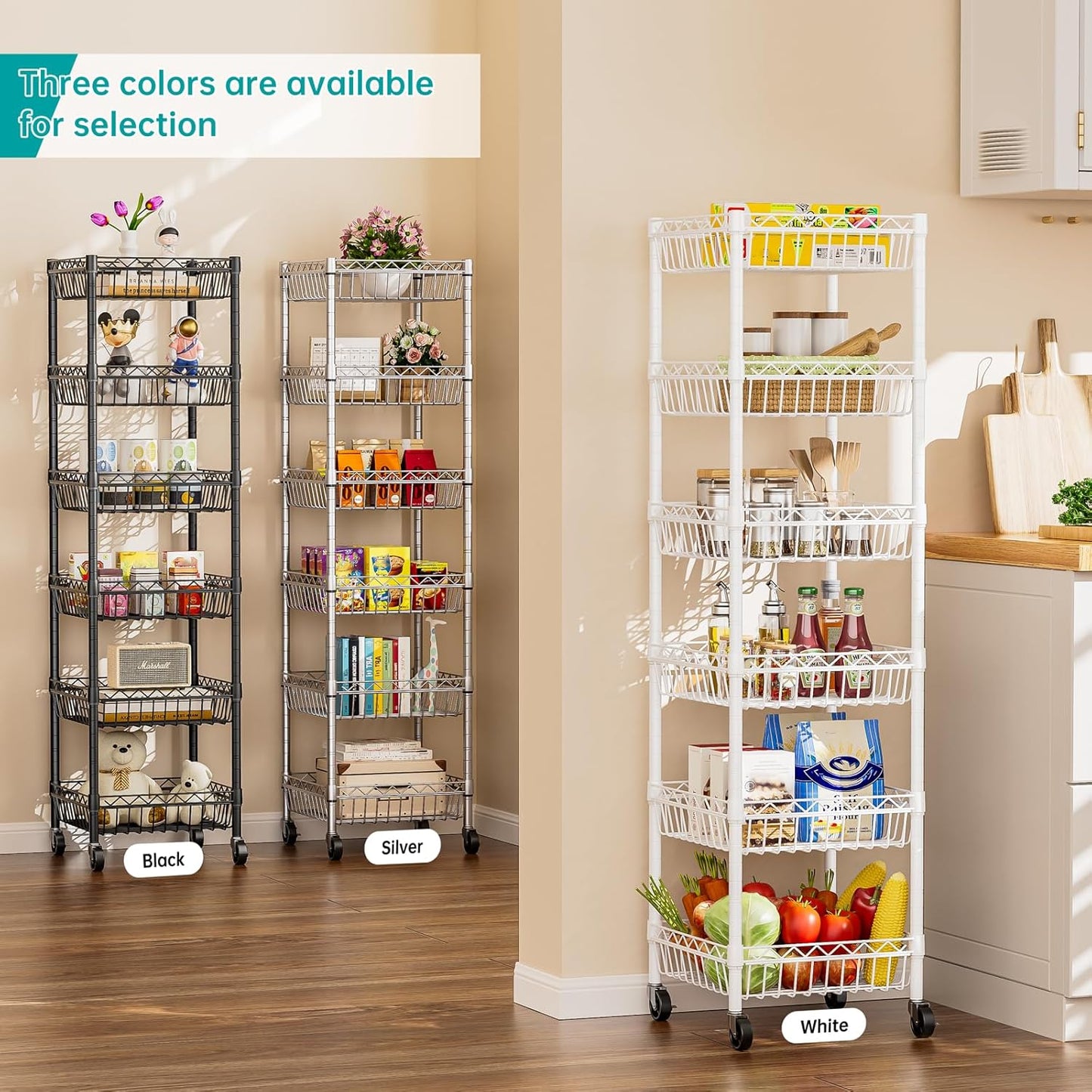 SINGAYE Shelf 6 Tier Wire Shelving Unit with Wheels Baskets Storage Rack Corner Shelves Adjustable Closet Bathroom Organizers Metal Pantry Kitchen Garage Laundry Room 13.5" D x 13.5" W x 63" H White