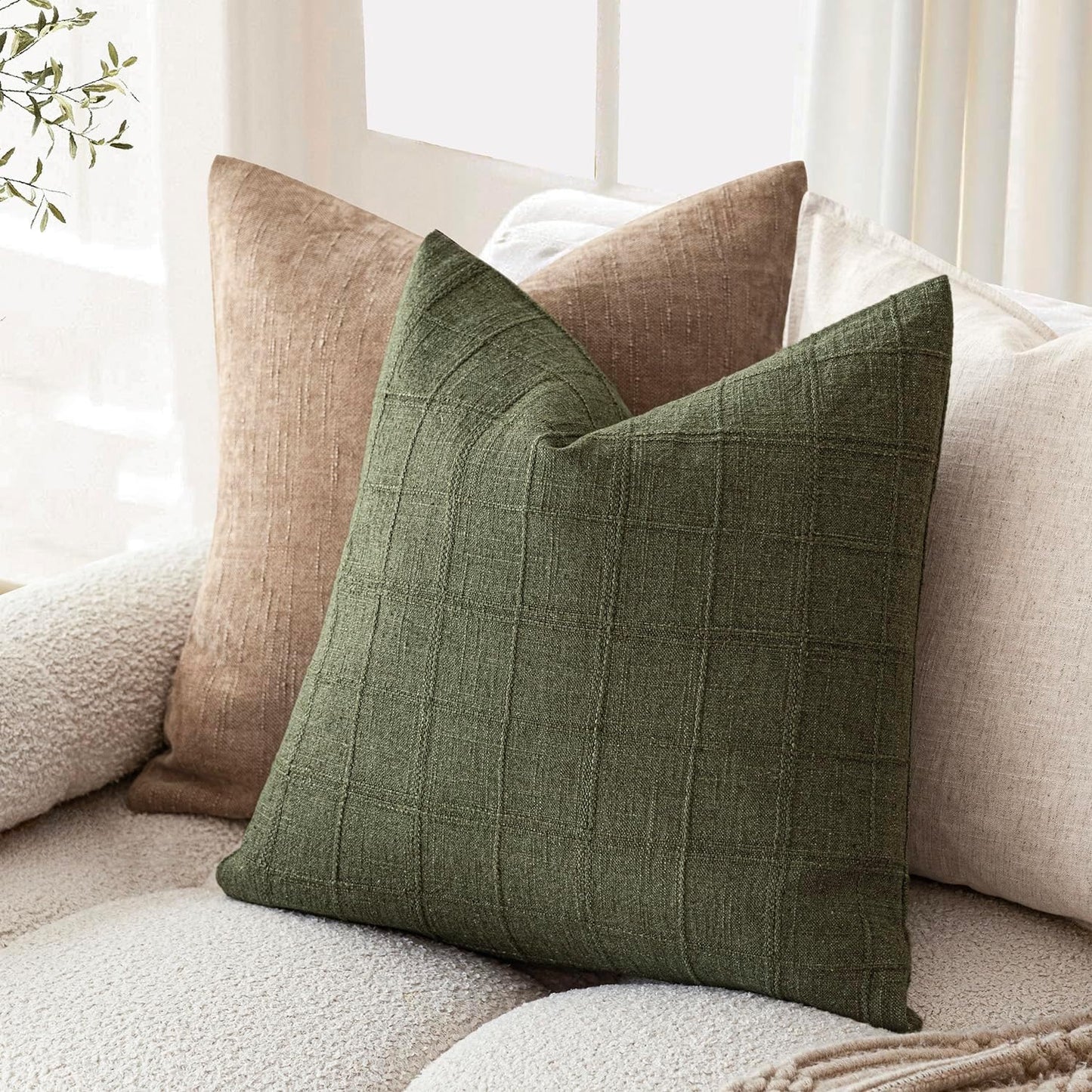 Foindtower Set of 2 Decorative Linen Check Throw Pillow Covers Neutral Farmhouse Vintage Cushion Covers Modern Boho Home Decor for Sofa Chair Couch Bedroom Living Room Outdoor,24×24 Inch,Olive Green
