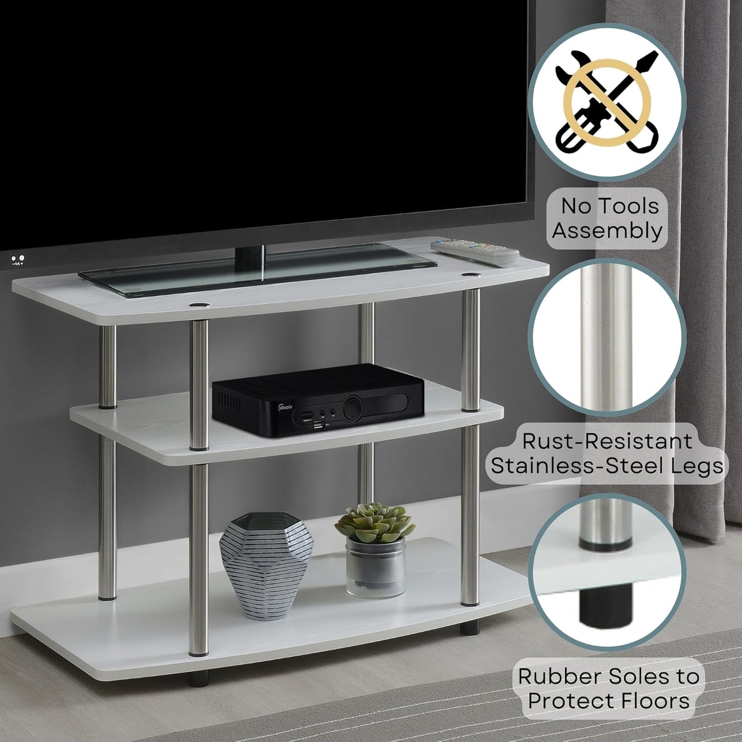 Convenience Concepts Designs2Go No Tools 3-Tier Stand Entertainment Center 37 Inches, Modern TV Console with Shelves for Living Room, 31.5", White