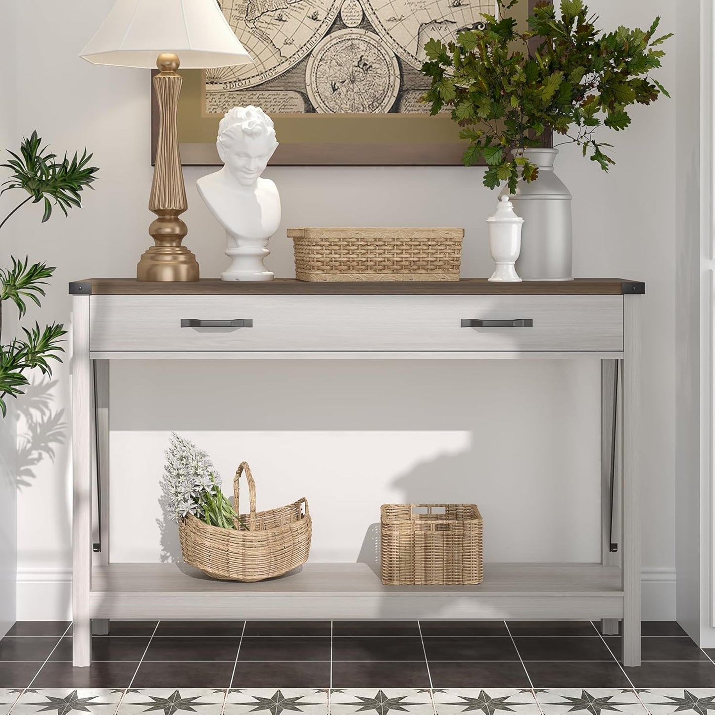 ChooChoo 47'' Farmhouse Console Table with Drawer, Entryway Table with Storage Shelf, Rustic A-Design Sofa Table for Hallway, Entrance, Living Room, White&Brown
