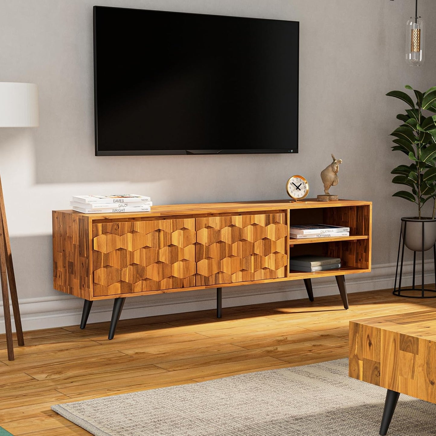 Bme Georgina Solid Wood, 10 Minutes Assembly Entertainment Center with Storage Geometric Pattern Console for Living, Bedroom, Dining Room, TV Stand 65 Inch, Teak Brown