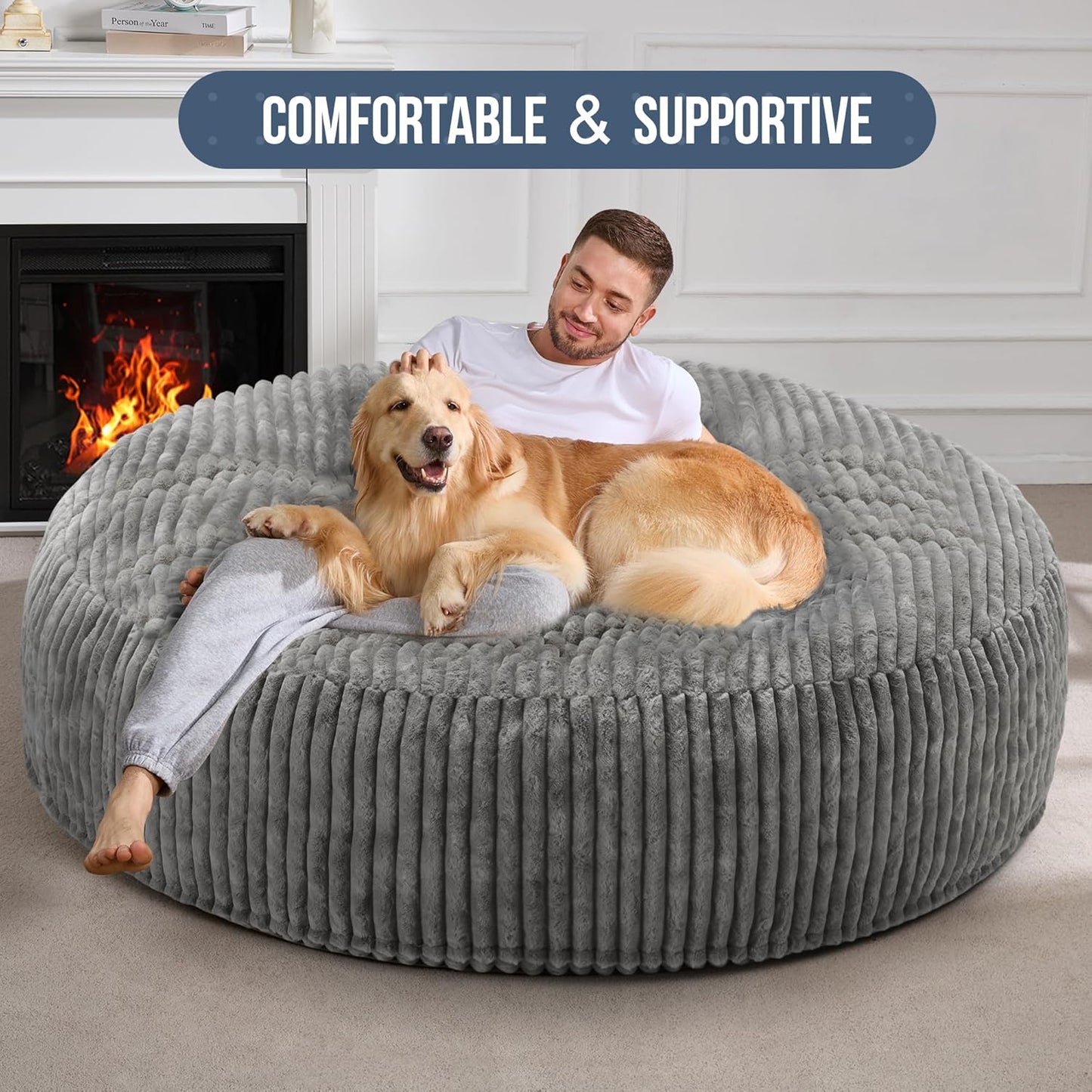 Hobestluk 6ft Bean Bag Chairs for Adults Large Beanbag Chair with Stripe Plush Cover Big Bean Bag Chair for Living Room Bedroom Dorm Office - Grey (70" x 70" x 15")