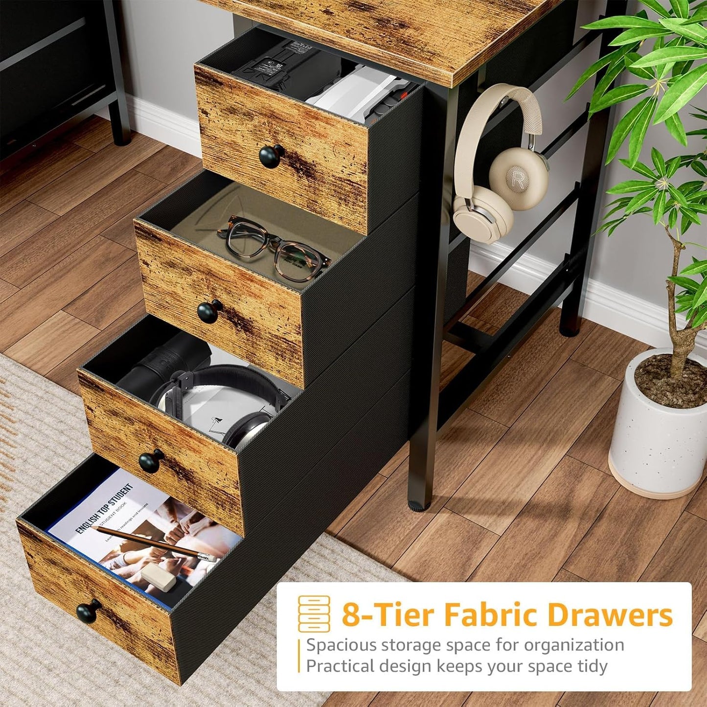 Home Office Desk with Drawers for Storage - 55 inch Computer Desk with 8 Fabric Drawer, Writing Study Work Desks with Drawers on Both Sides for Bedroom