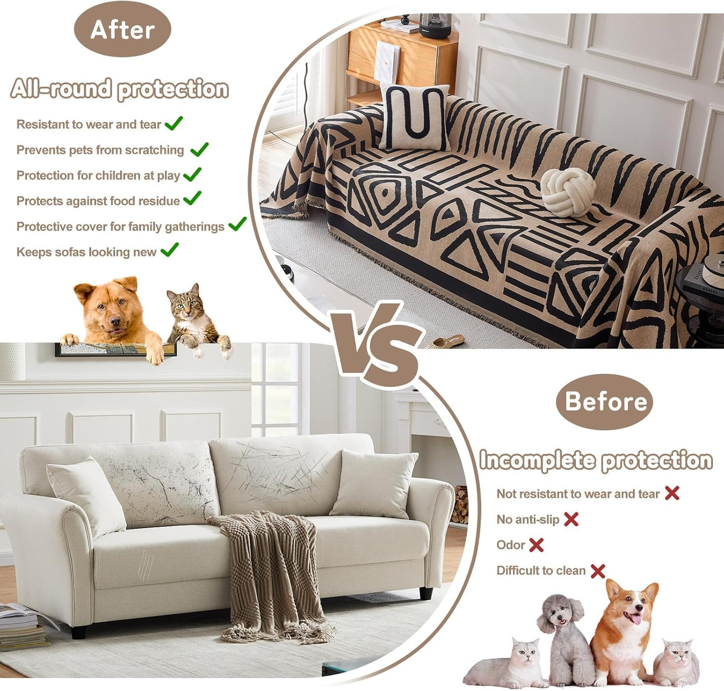 HANDONTIME Boho Geometric Couch Covers for Sofa Pet Friendly Taupe and Black Sofa Covers Washable Chenille Couch Blanket Cover for 2 3 Cushion Couches Pet Protector Furniture Cover Soft, 71" X 118"