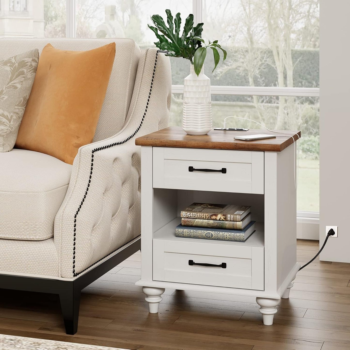WAMPAT White Side Table with 2 Drawers & Charging Station, Mid Century Nightstand for Bedroom with Power Outlets & USB Ports, Wooden Bedside Table Night Stand with Shelf for Living Room, Antique White