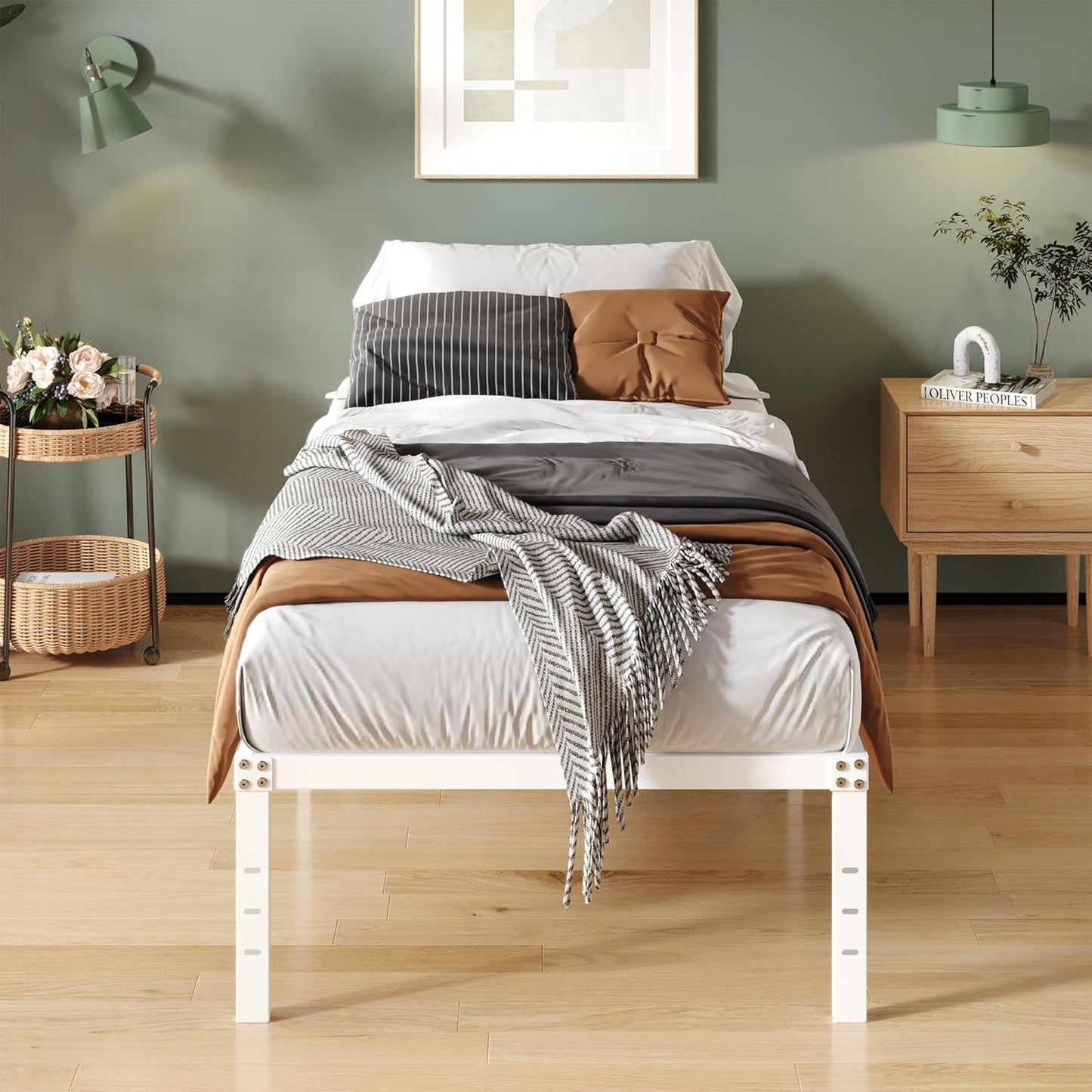 16 Inch White Twin XL Bed Frames, Metal Platform Twin XL Bed Frame with High Storage, Eassy Assembly 2,500 lbs Heavy Duty Bedframes