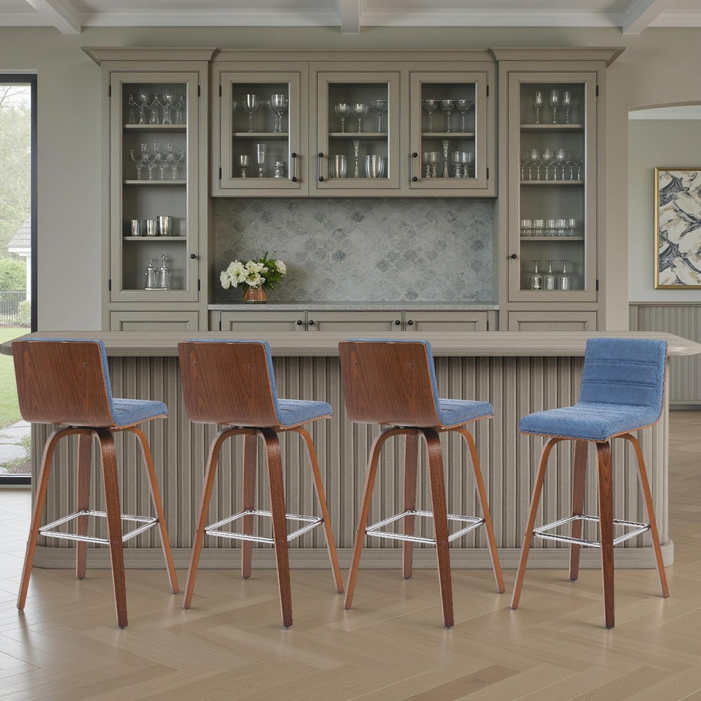 Armen Living Vienna Modern Swivel 30" Bar Height Barstool with Vintage Blue Faux Leather and Walnut Wood Finish