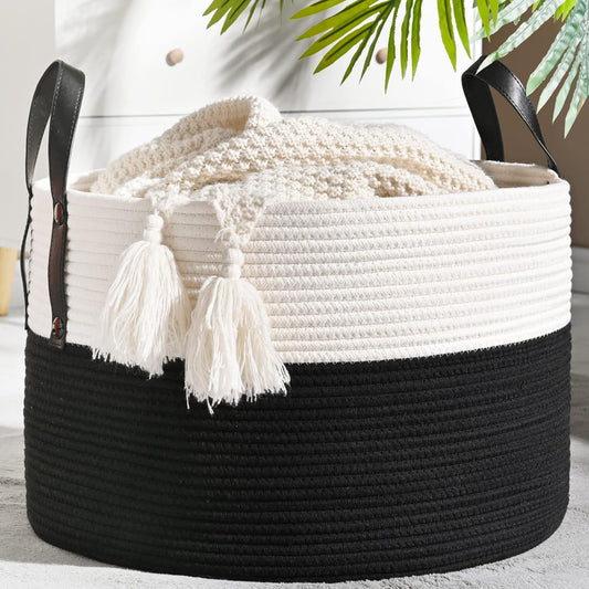 KAKAMAY Large Blanket Basket (20"x13"),Woven Baskets for storage Baby Laundry Hamper, Cotton Rope Blanket Basket for Living Room, Laundry, Nursery, Pillows, Baby Toy chest (White/Black)