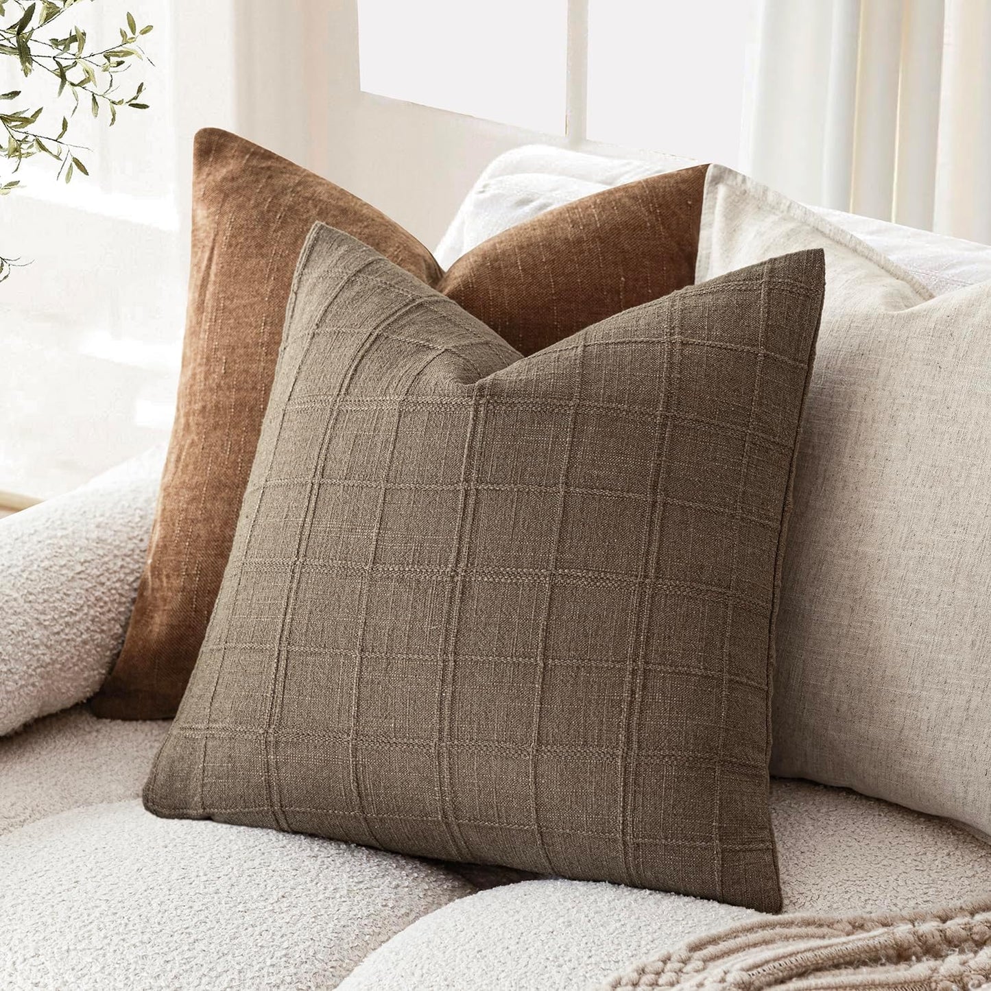 Foindtower Set of 2 Decorative Linen Check Throw Pillow Covers Neutral Farmhouse Vintage Cushion Covers Modern Boho Home Decor for Sofa Chair Couch Bedroom Living Room Outdoor,26×26 Inch,Light Brown