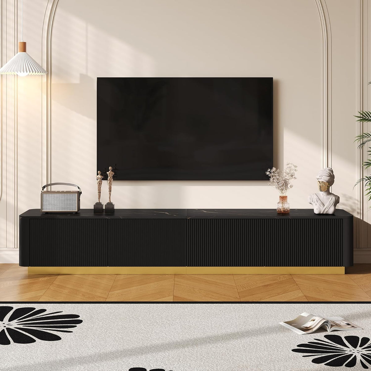 Merax Modern Wood TV Stand for TVs Up to 85'', Faux Marble Tabletop Entertainment Center with Storage Drawers, Practical Media Console for Living Room, Bedroom, Black