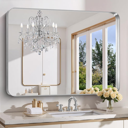 FORBATH 48x40 Inch Large Bathroom Mirror, Brushed Silver Deep Frame Wall Mirror with Rounded Corners, Anti-Rust Tempered Glass for Modern Farmhouse Vanity (Horizontal/Vertical)