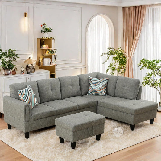L Shaped Sectional Sofa with Ottoman, Modern Couches for Living Room, Microfiber Facing, Bedroom, Office