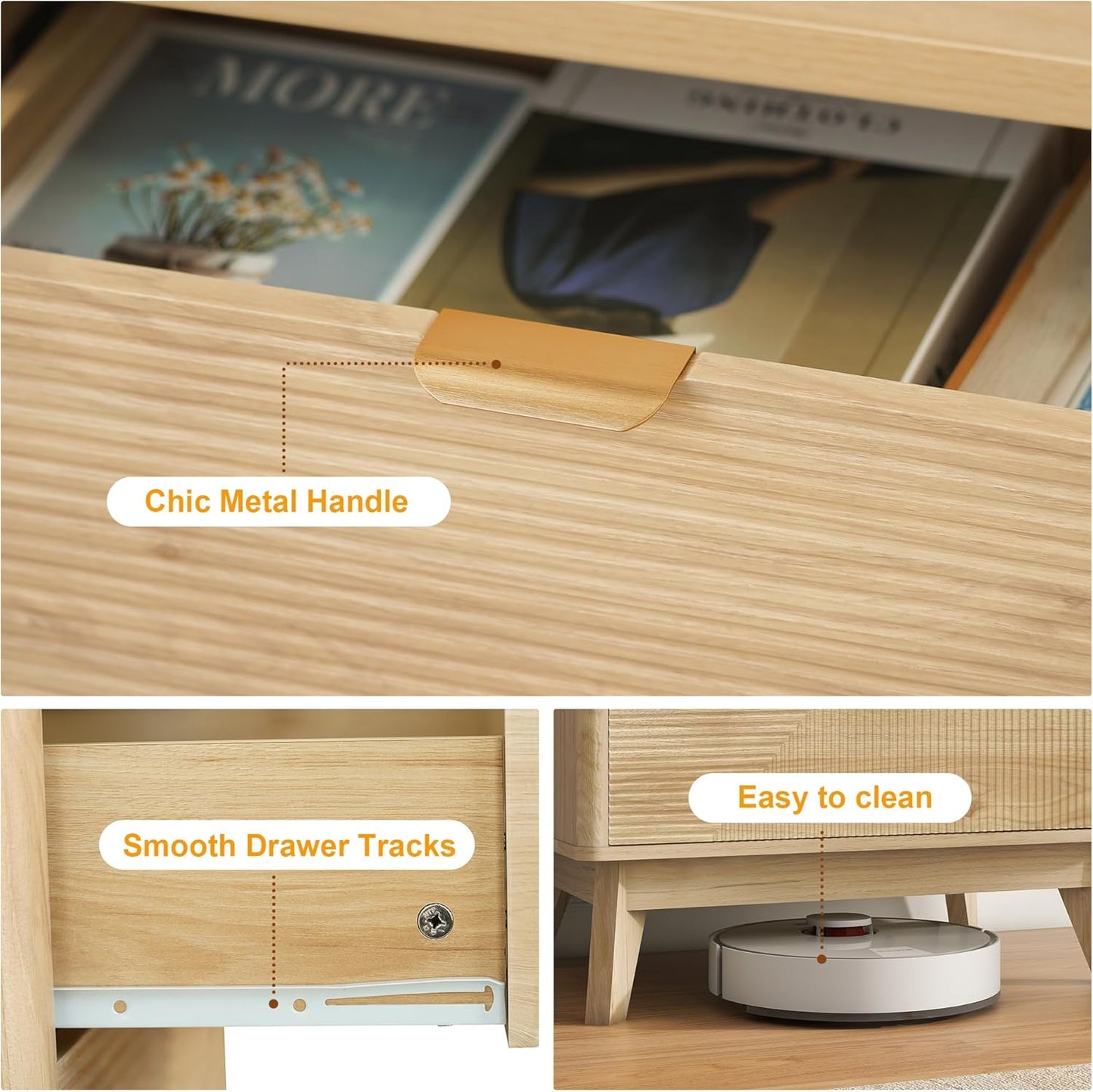 3 Drawer Fluted Nightstand for Bedroom, Modern Wood Chest of Drawers with Curved Profile, Fluted Dresser & Wood Drawer Organizer for Bedroom and Hallway