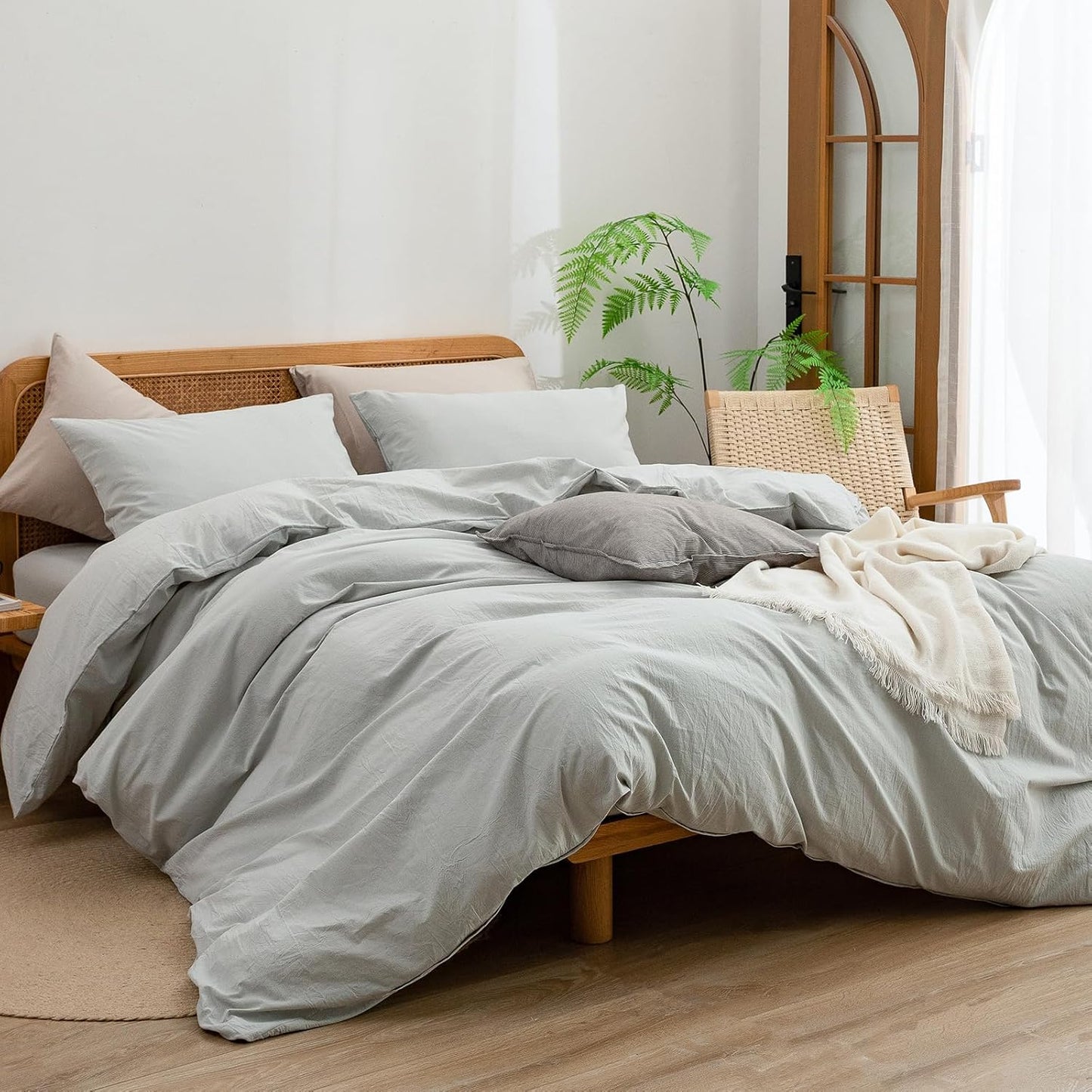 BESTOUCH Duvet Cover Set 100% Washed Cotton Linen Feel Super Soft Comfortable Chic Lightweight 3 PCs Home Bedding Set Solid Northern Droplet Grey Oversized King