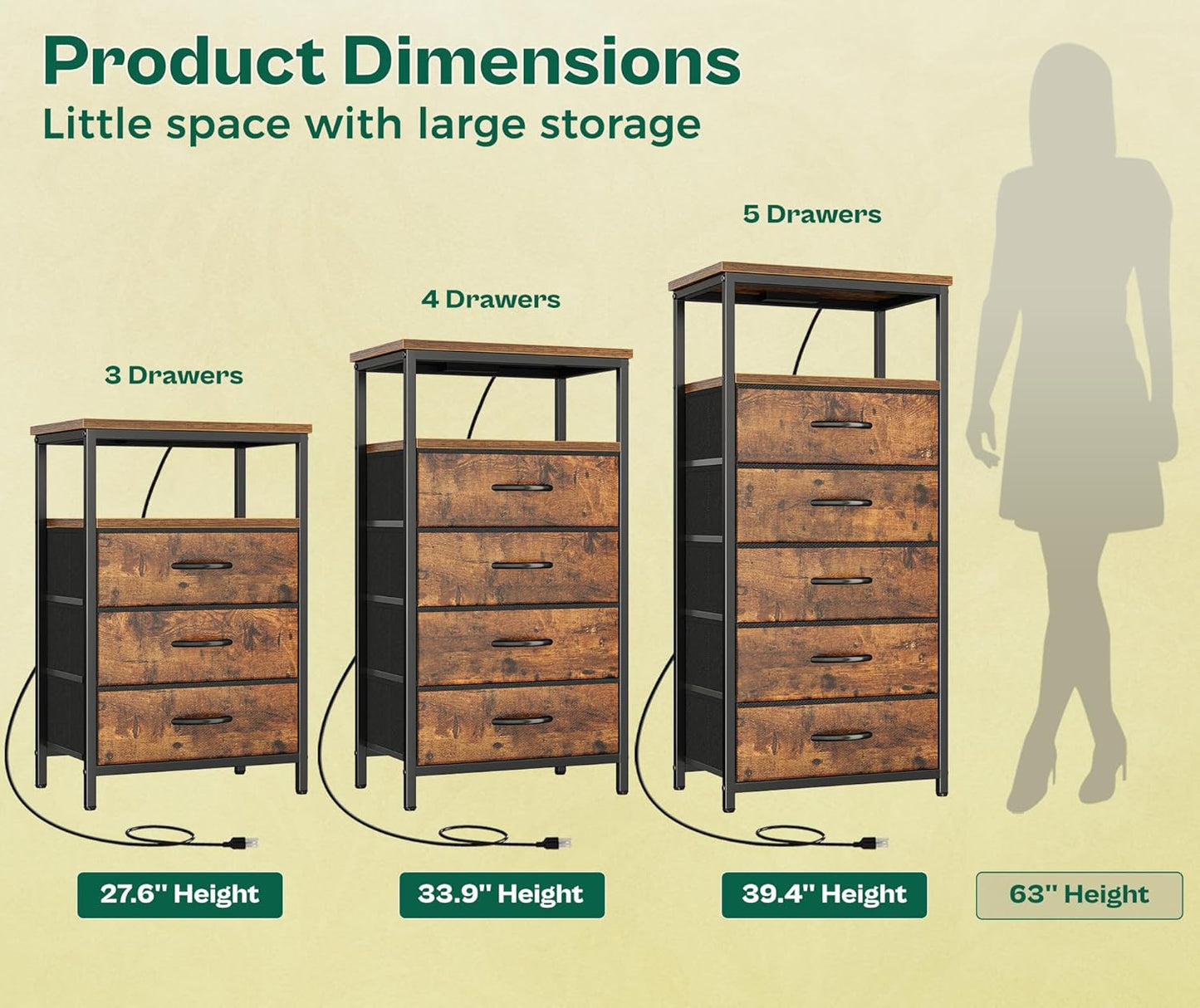 Huuger Night Stand with Charging Station, 4 Drawer Dresser for Bedroom, Bedside Table, 33.9 Inch Tall Nightstand with Open Shelf, End Table, for Closet, Entryway, Bedroom, Rustic Brown