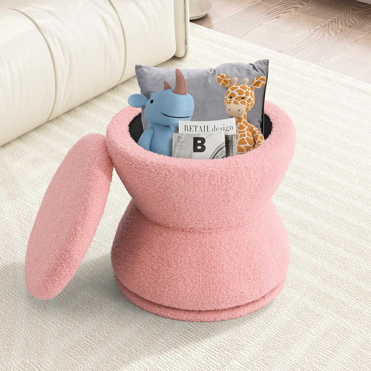 Round Ottoman with Storage, 360° Swivel Boucle Ottoman Vanity Stool, Upholstered Footstool with Storage Removable Lid, Modern Footrest Coffee Table for Living Room, Dorm, Makeup Room, Pink