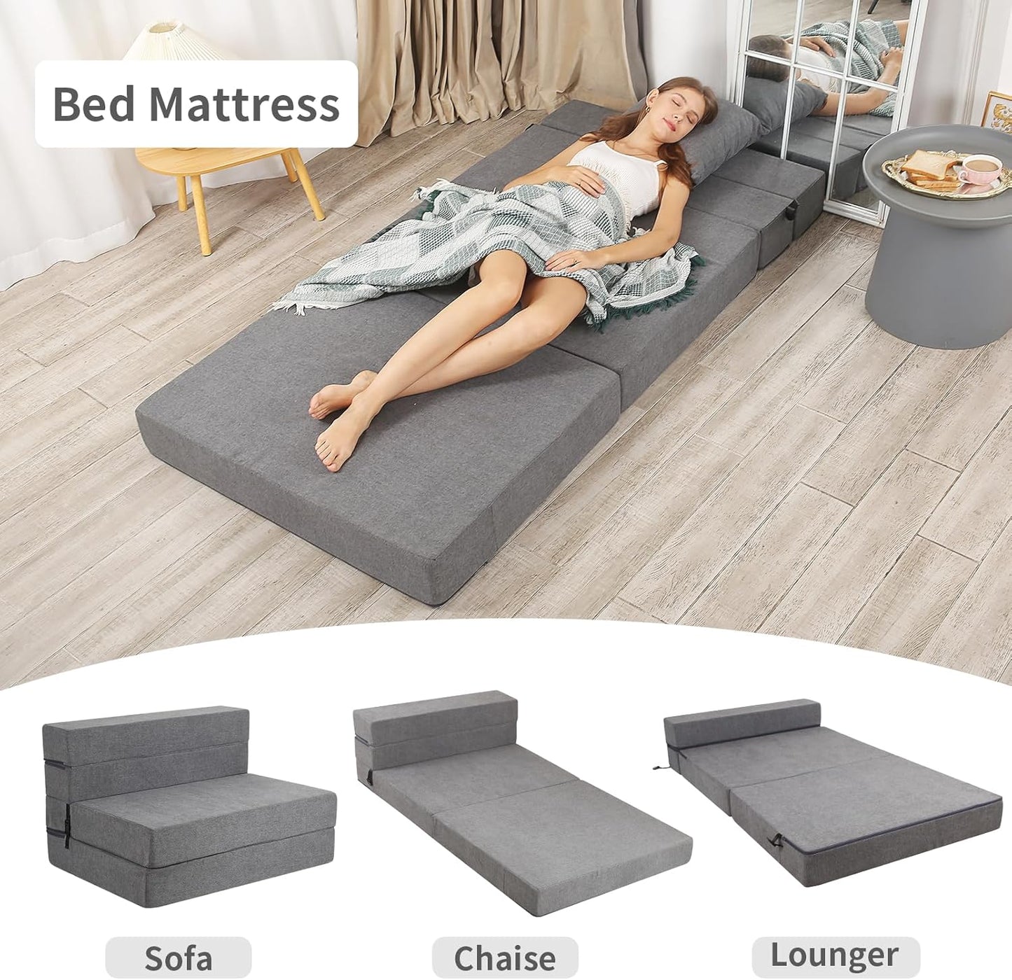 Futon Sofa Bed, High-Density Memory Foam Couch with Fluffy Pillow, Folding Floor Guest Bed, Twin Size, Dark Grey