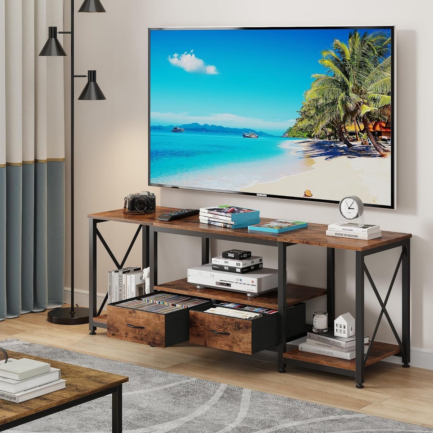 TV Stand with Fabric Drawer for 50 55 Inches TV - Entertainment Center and Industrial TV Console Table with Open Storage Shelves for Living Room, Bedroom - 47" Rustic Brown
