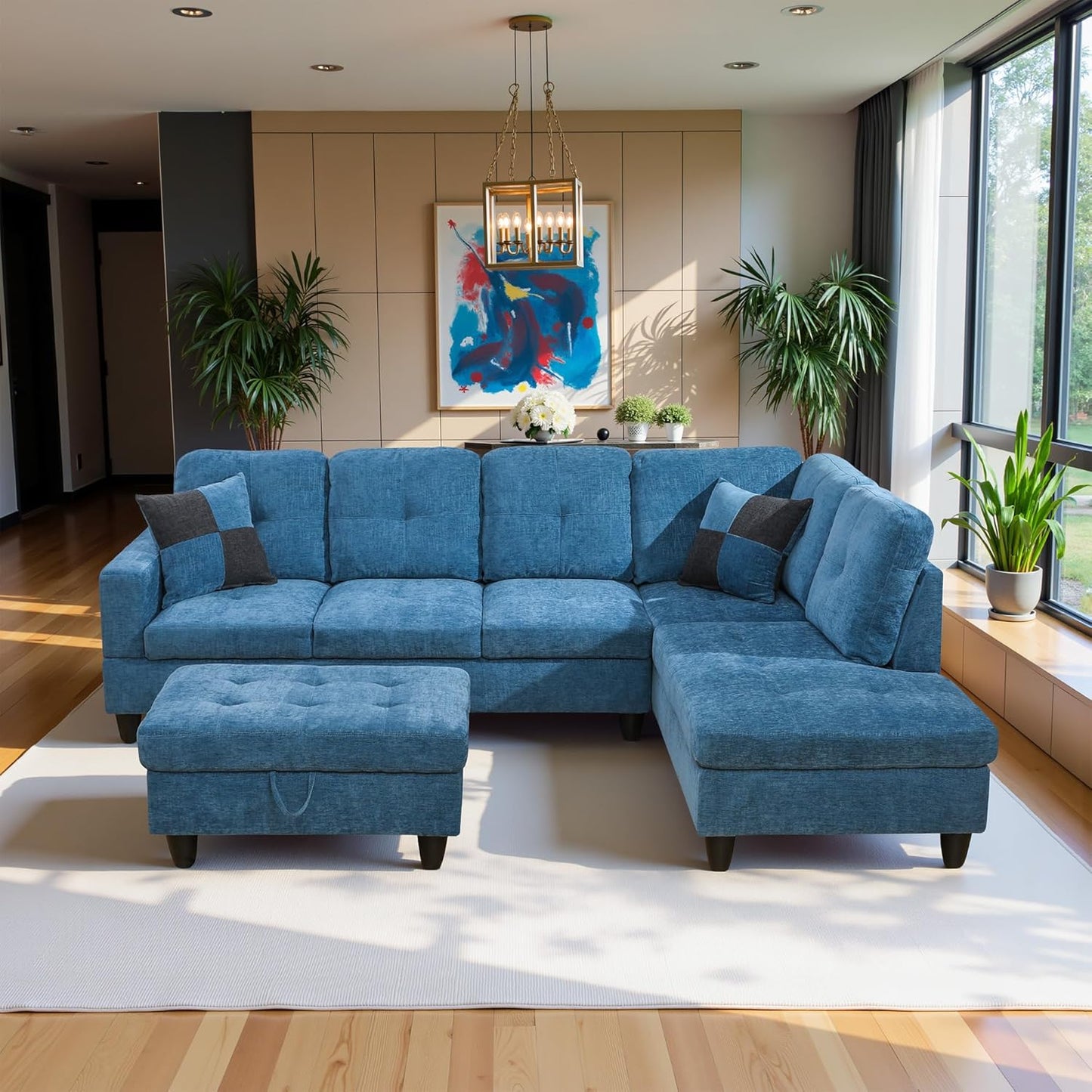 103.5" Oversized Sectional Couch, L Shaped Couch with Storage Ottoman, Modern Modular Sofa with Deep Seat, Sectional Couches for Living Room and Office, Blue (Flannel)