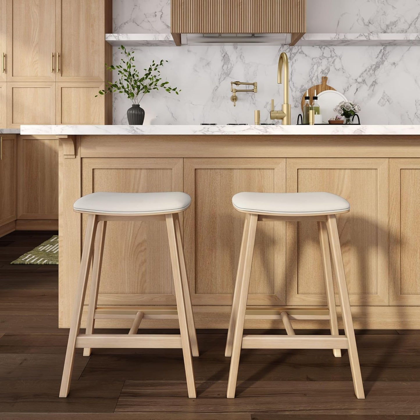 Plank+Beam Beryl Counter Height Stool - Mid-Century Modern Rubberwood Bar Stool with Faux Leather Seat, Metal Footrest, Easy Assembly, 2-Pack, Blonde/Sesame