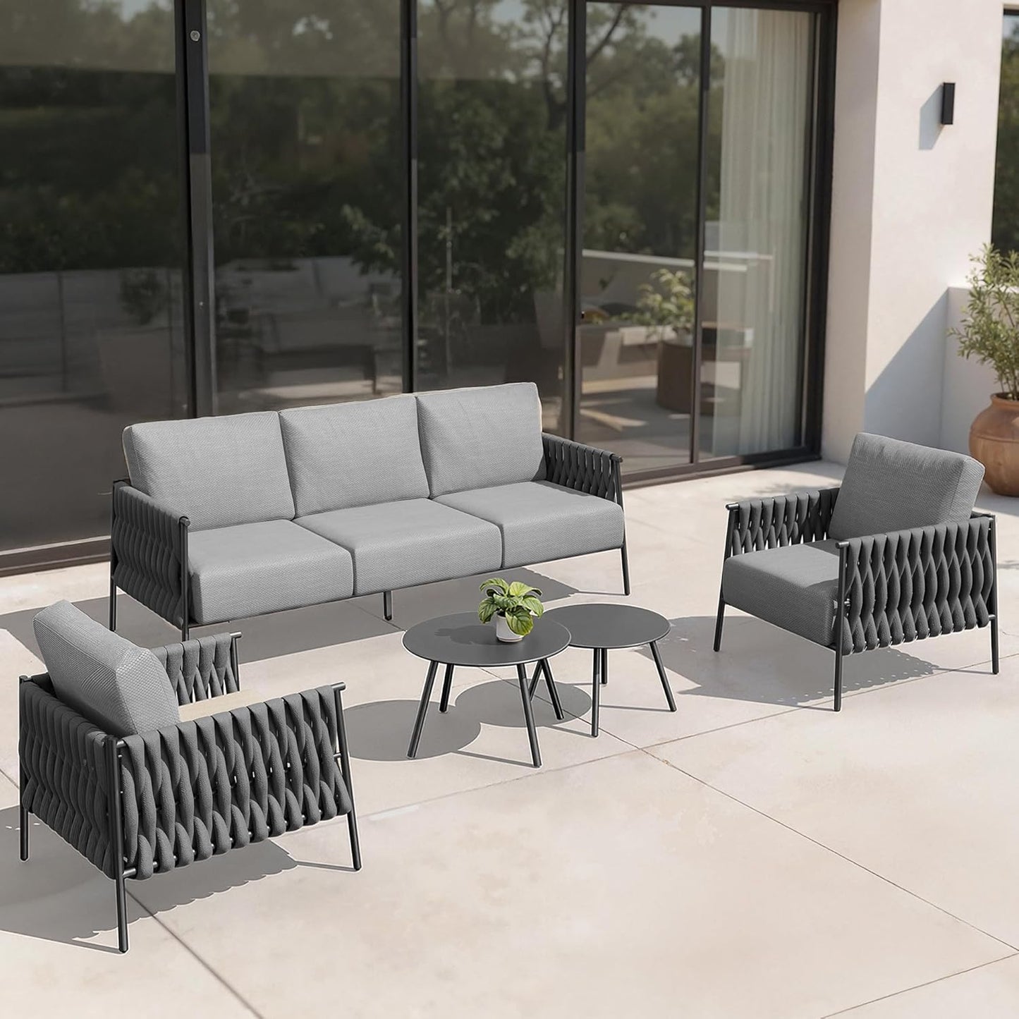 EAST OAK 5-Piece Patio Furniture Set | Life Chatter 5-Seat Outdoor Furniture | Deep Seating & Two Coffee Tables | Waterproof Extra-Thick Cushions | Porch, Balcony & Backyard | Earth Black & Misty Grey