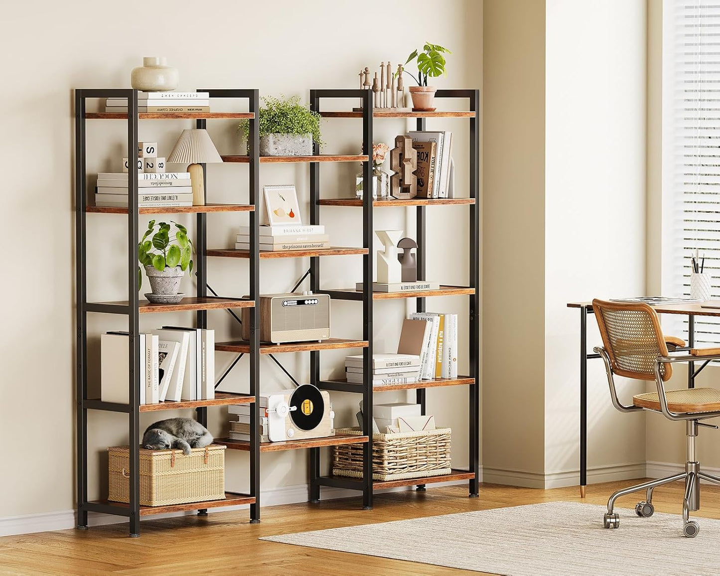Casaottima Triple 5 Tier Bookshelf, Large Bookcase with 14 Open Display Shelves, Modern Industrial Book Shelves Book Case for Bedroom, Wide Standing Shelving Unit for Living Room Home Office, Vintage