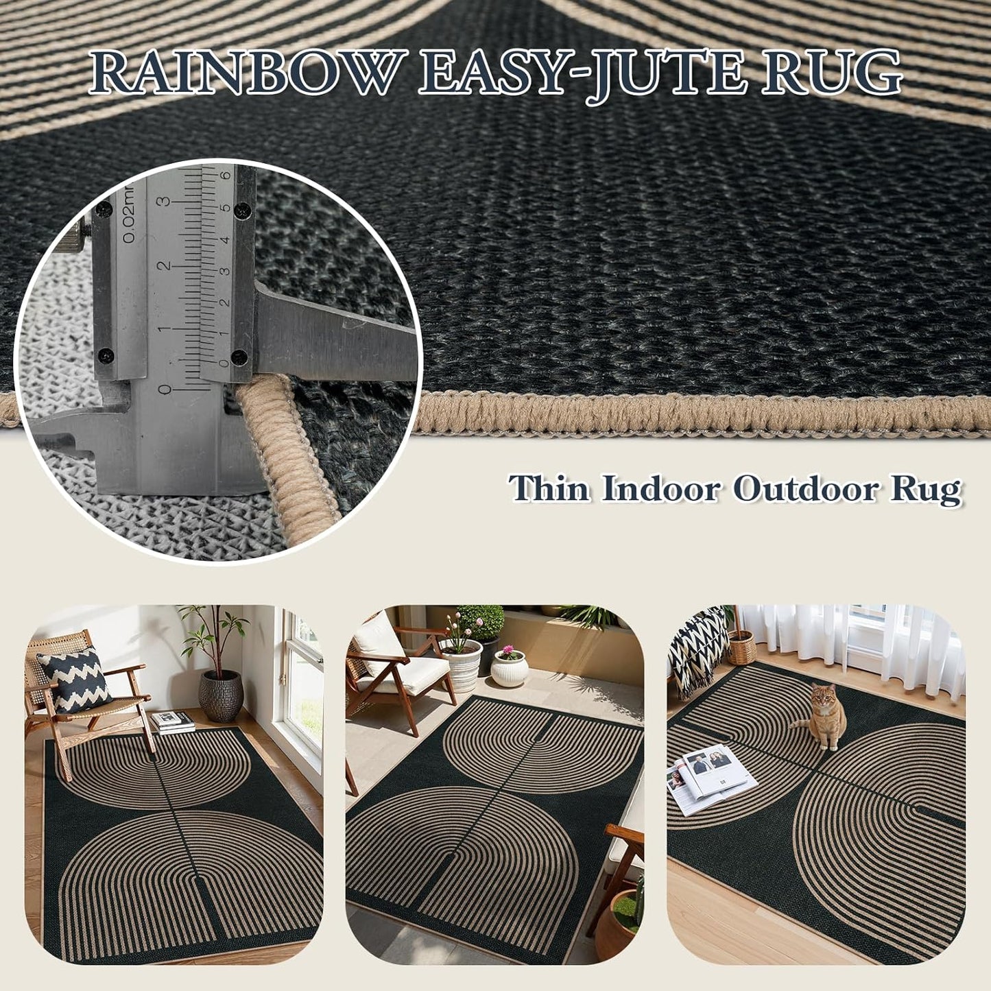Lahome Modern Rainbow Easy Jute 4x6 Rug, Outdoor Patio Rug for Living Room Washable Black Carpet for Bedroom, Contemporary Non Slip Non Shedding Floor Carpet for Office Backyard