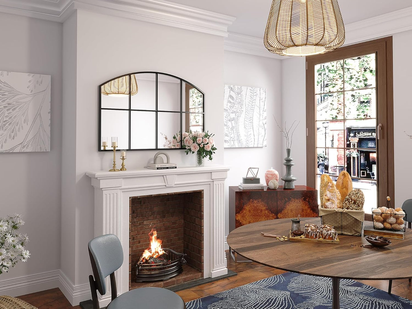 Window Pane Black Mirror, 36" x 24" Farmhouse Arched Window Mirror, Large Grid Mirror for Living Room Bedroom Fireplace Hallway Entryway