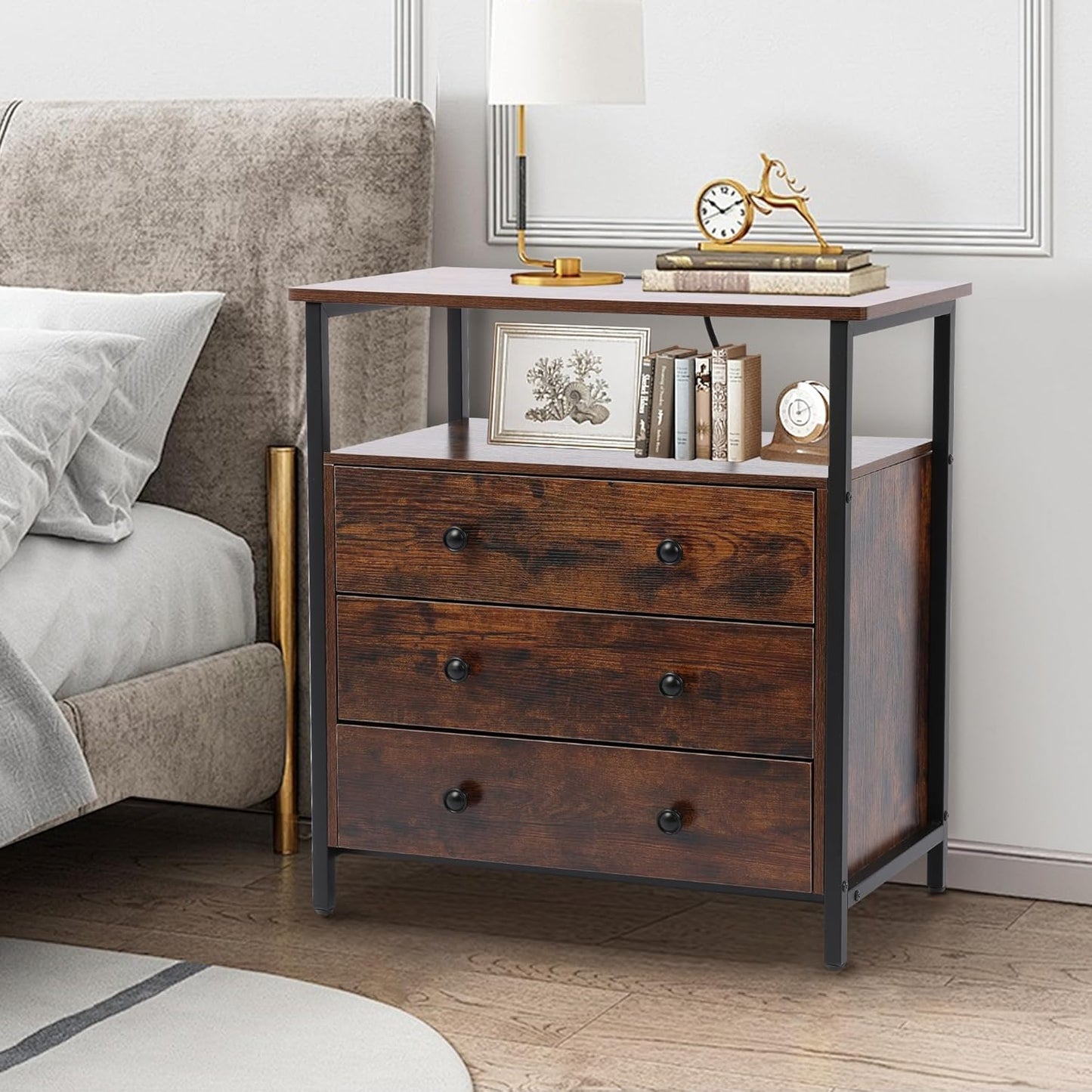 3 Wooden Drawers Night Stand, 27 Inch Wide Nightstand with Charging Station and Adjustable Drawers, Bedside Table for Living Room/Bedroom/Office, Retro Brown.