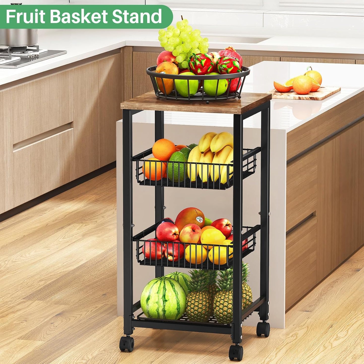 SNTD Fruit Basket Vegetable Stand for Kitchen Pantry, Pull Out Metal Wire Basket with Wood Top for Fruit Vegetable Onions Potatoes Snacks