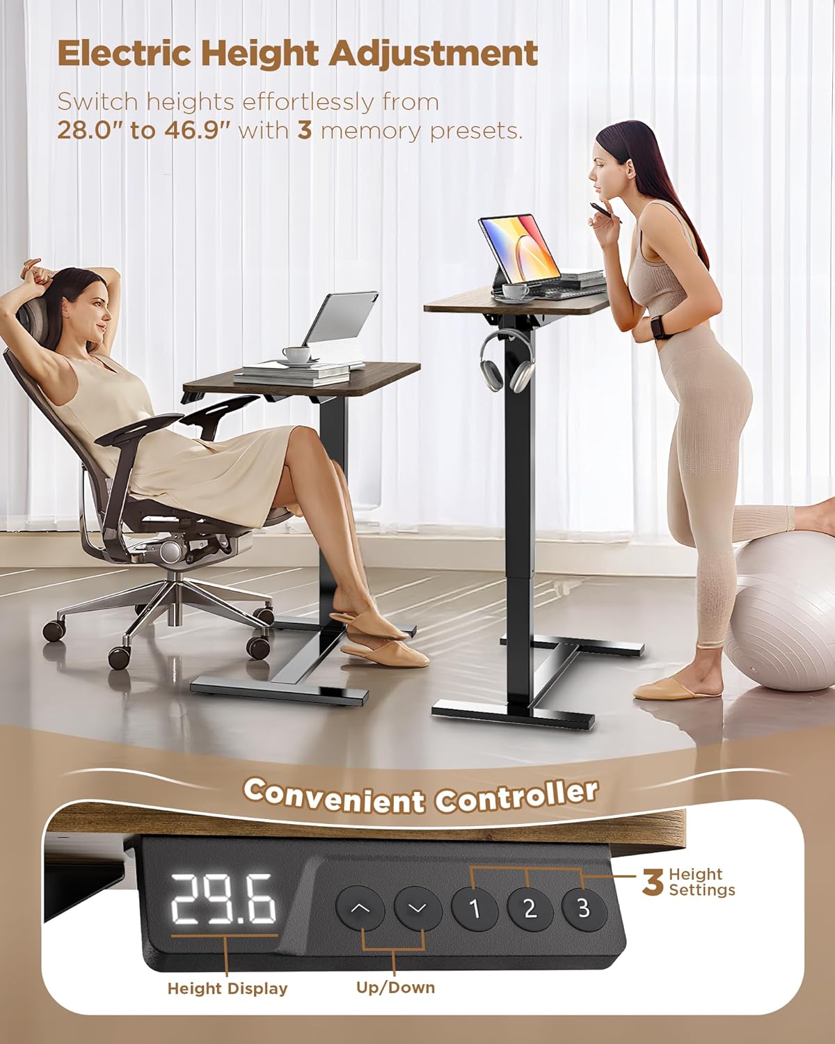 Electric Adjustable Height Standing Desk - Small Sit Stand Portable Rolling Laptop Table with Hidden Wheels, Small Computer Workstation for Bedside & Home Office Use (24"x16",Dark Walnut)