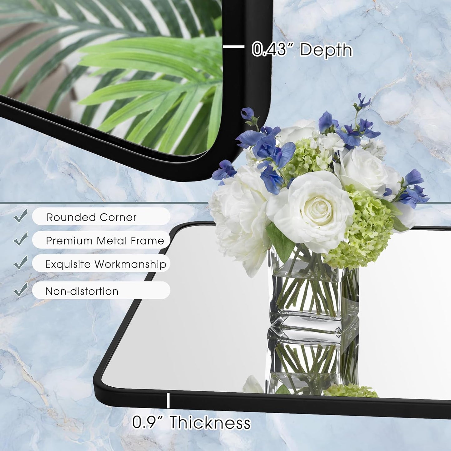 20x40 Inch Rectangle Bathroom Mirror with Black Metal Frame, Rounded Corner Rectangular Vanity Mirror for Wall, Modern Large for Bedroom, Living Room, Horizontal or Vertical
