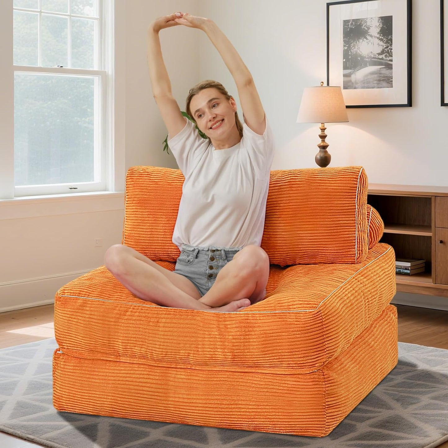 HABUTWAY Folding Sofa Bed, Convertible Sleeper Chair Bed w/Dual-Pillow & Handle, Foldable Floor Sofa Lounge w/Back Support for Living Room, Bedroom, Apartment, Office, Orange