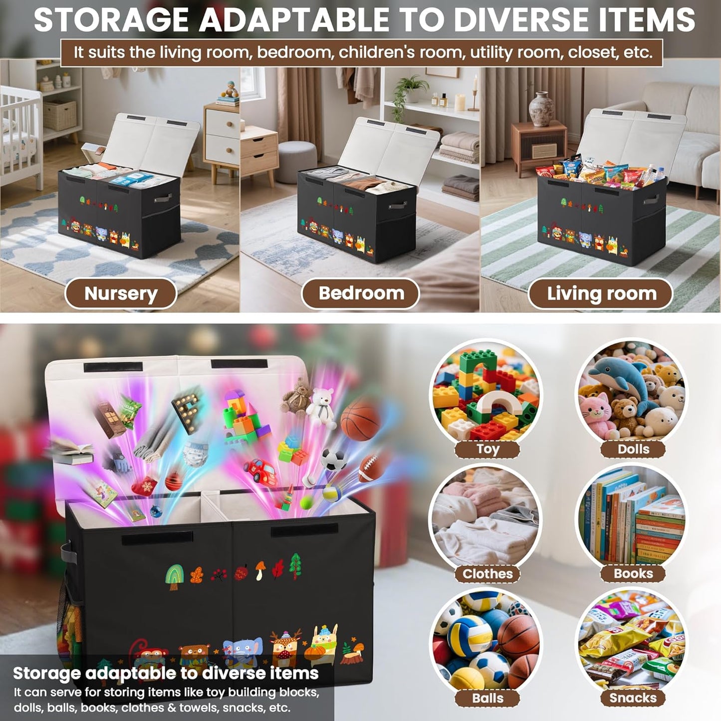 80L Large Toy Storage Box with Lid, Large Toy Box Chest for Kids, Girls and Boys, Nursery Room and Living Room, 26"x13" x16" (black-animal)