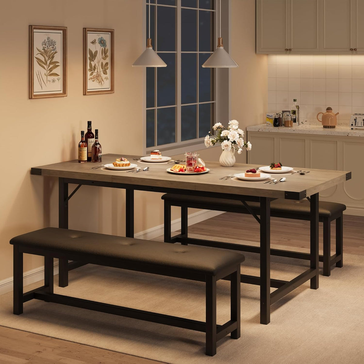 Dining Table Set for 4-6, 63“ Large Extendable Kitchen Table Set, Wood Rectangle Kitchen Table with 2 Soft Benches for Small Space, Apartment, DinnerSaving Space, Grey