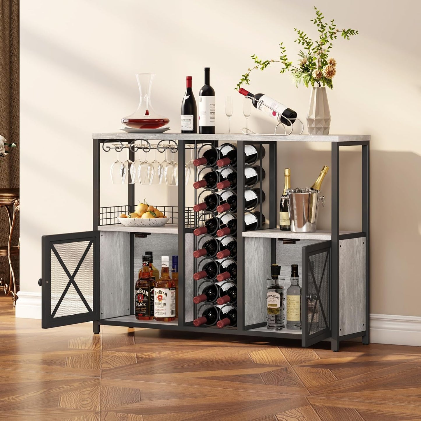 Homeiju Mini Bars for Home, Wooden Coffee Bar Cabinet, Modern Liquor Cabinet for Liquor and Glasses, Farmhouse Buffet Wine Bar Cabinet with Storage Sideboard for Home Kitchen Dining Room (Light Grey)