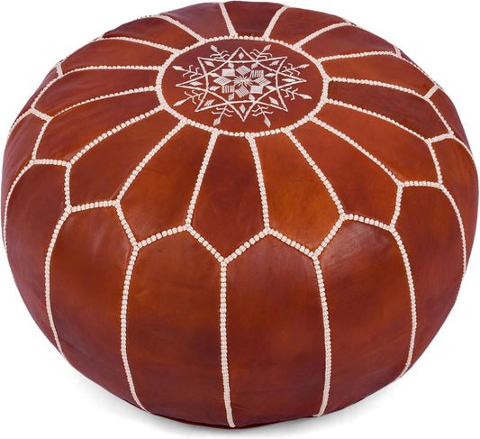 Marrakesh Gallery Genuine Leather Round Pouf Cover - Handmade Moroccan Ottoman Footstool, Unstuffed Footrest - Boho Decor - Bohemian Living Room, Bedroom, Kids Room - Housewarming Gift & Wedding
