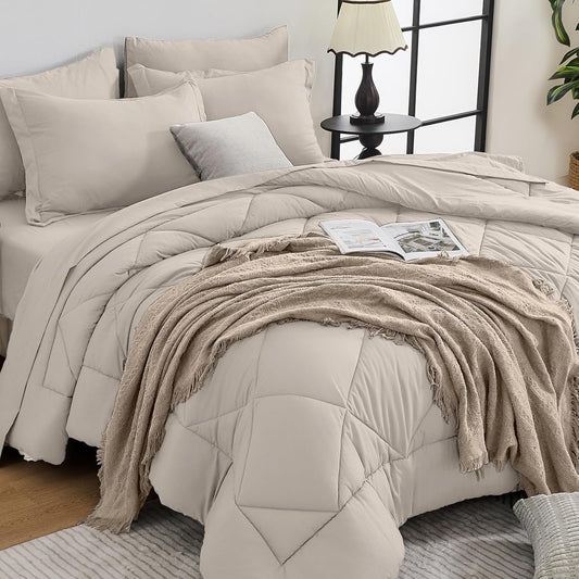 HEVUMYI Beige Tan Twin-XL Comforter Set - 5-Piece All Season Bed in a Bag Twin-XL, Ultra Soft Bedding Set with Comforter, Flat Sheet, Fitted Sheet, Pillowcases, Pillow Shams, Beige Tan