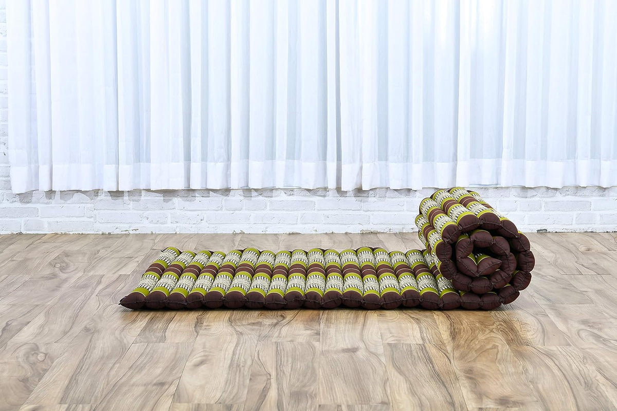 Leewadee - Foldable Floor Mattress - Japanese Roll Up Futon -Trifold Tatami Mat- Guest Floor Bed - Camping Mattress - Thai Massage Mat, Kapok Filled, 75 x 28 inches, Brown Green