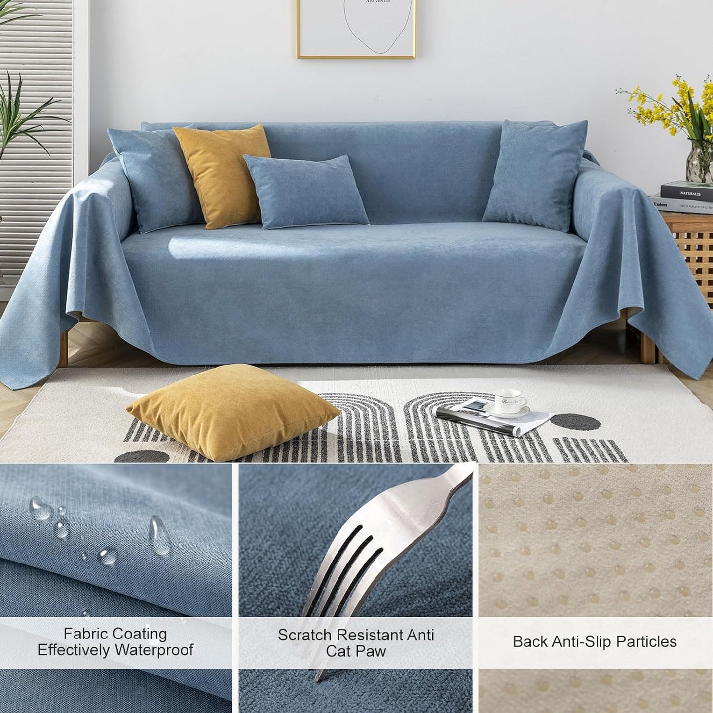 STACYPIK 100% Waterproof Blue Couch Cover for Pets, Sectional L Shape Sofa Cover for 2 Cushion Couch, Anti-Cat Scratch Furniture Protector Cover, Anti Slip Sofa Throw Cover for Dogs Kids-71x102IN