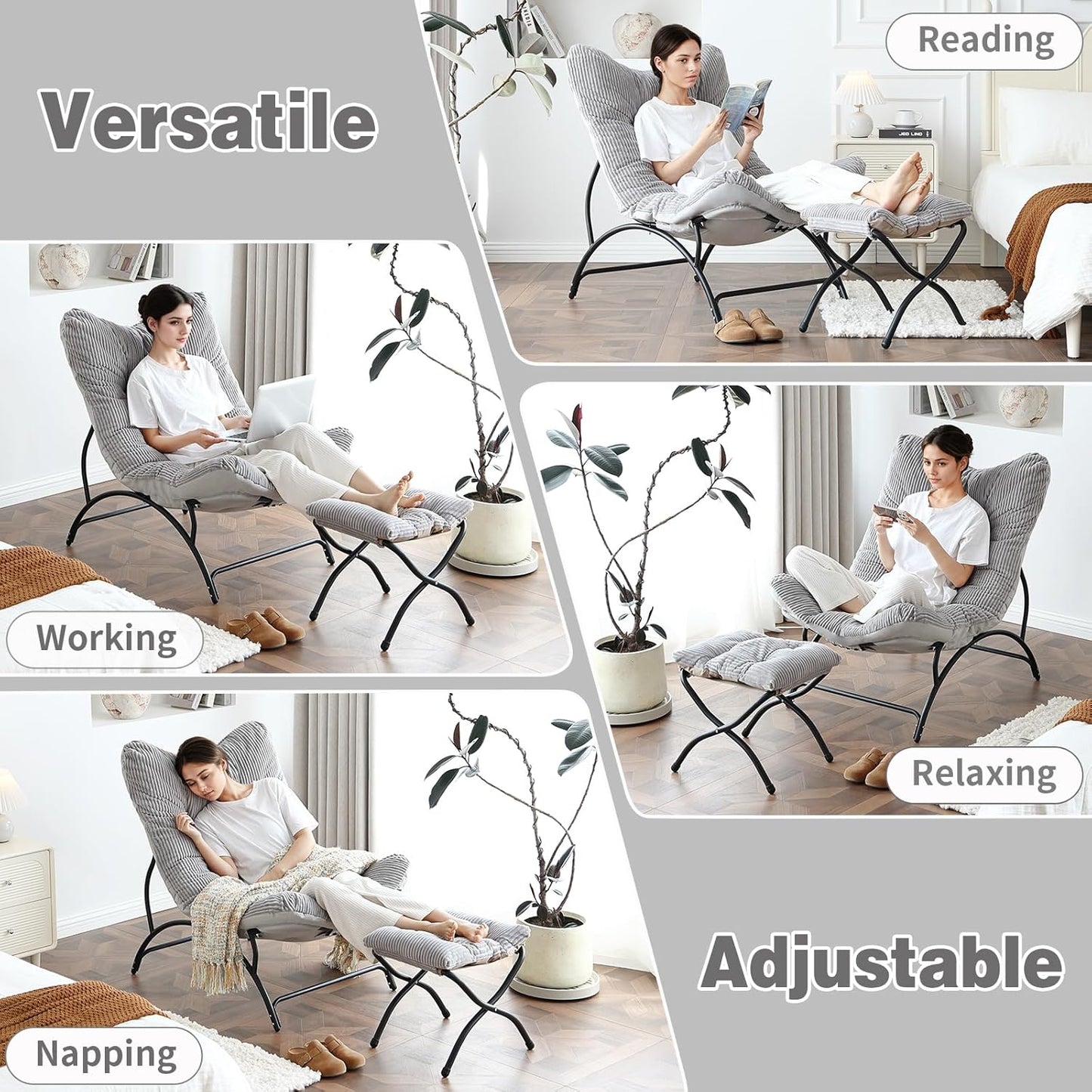 Welnow Accent Lounge Lazy Chair, Comfy Soft Leisure Metal Frame Reading Chair, Upholstered Thick Cushion Seated Recliner Sofa for Living Room, Bedroom, Dorm, Light Grey