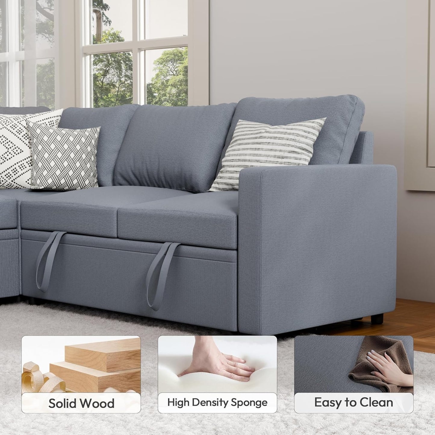 Sleeper Sofa Bed, Modular Sectional Couch with Pull Out Bed, L Shaped Sectional Convertible SofaBed with Storage Seat, for Living Room Apartment Bedroom Office Gray Linen