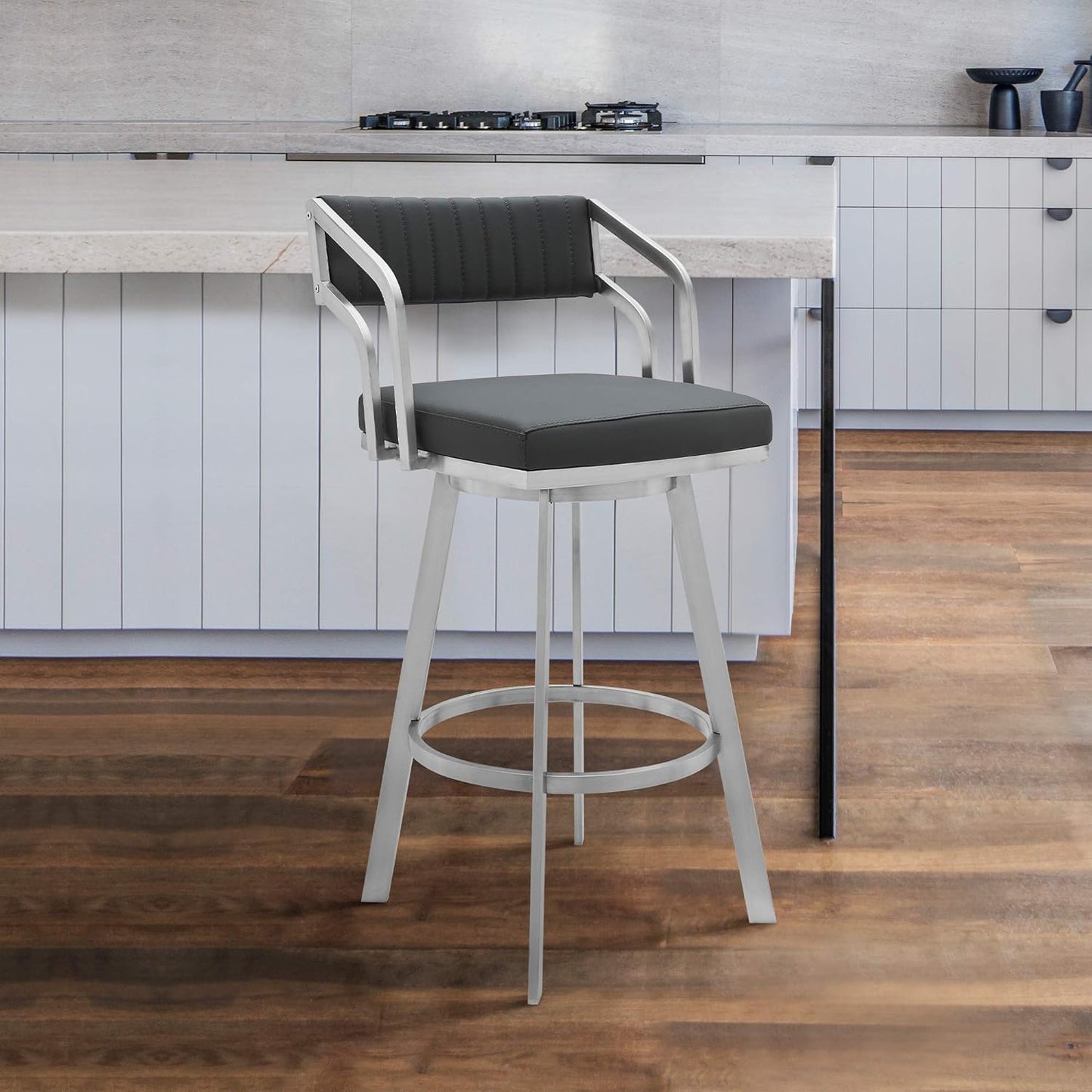 Armen Living Capri Modern 30" Seat Height Gray Faux Leather and Brushed Stainless Steel Metal Swivel Bar Stool for Kitchen Island Counter